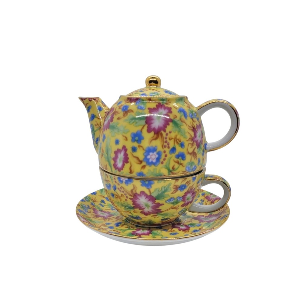 Two's Company Caroline Chintz Tea For One Set Floral Porcelain Teapot Cup Saucer